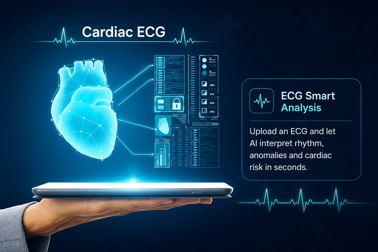 Cardiac · ECG Smart Analysis — upload an ECG and AI interprets rhythm, anomalies and cardiac risk in seconds