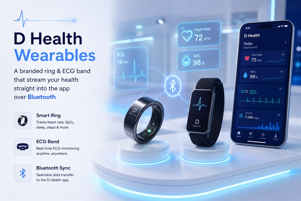Hardware · D Health Wearables — a branded ring and ECG band that stream your health into the app over Bluetooth