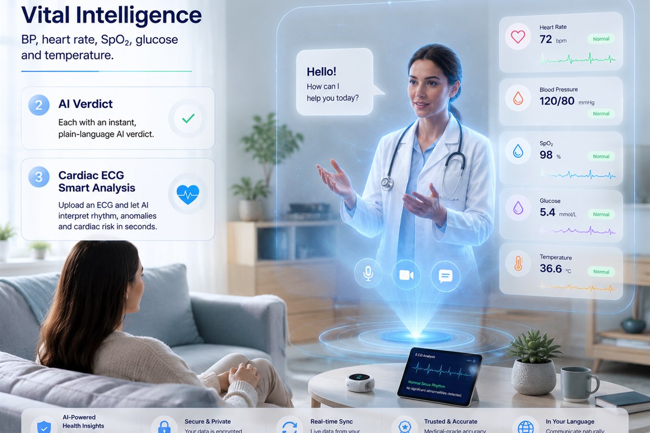 Monitoring · Vital Intelligence — blood pressure, heart rate, SpO₂, glucose and temperature, each with an instant plain-language AI verdict